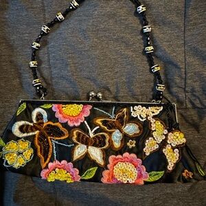 Embroidered Floral Black Handbag